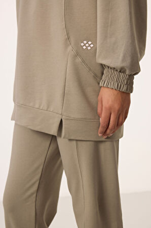 Koyu Bej O Yaka Basic Oversize Kadın Eşofman Tunik Takım - 95347