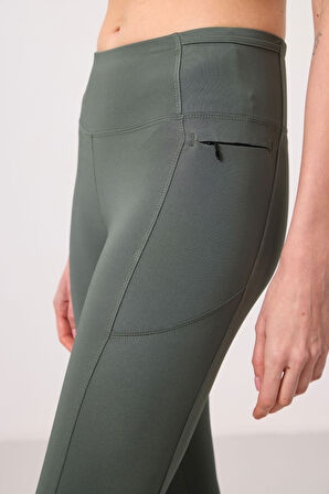 Haki Polyester Esnek Standart Fit Performans Kadın Tayt - 94667