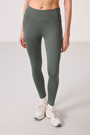 Haki Polyester Esnek Standart Fit Performans Kadın Tayt - 94667