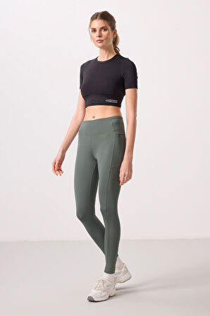 Haki Polyester Esnek Standart Fit Performans Kadın Tayt - 94667