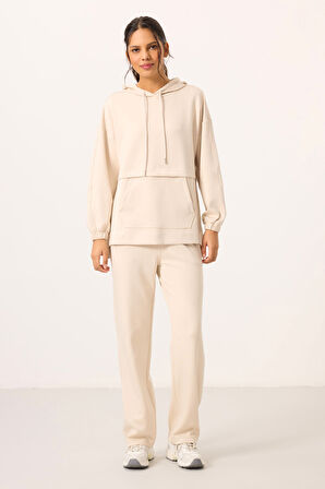 Bej Yumuşak Dokulu Kapüşonlu Oversize Kadın Eşofman Tunik Takım - 95348