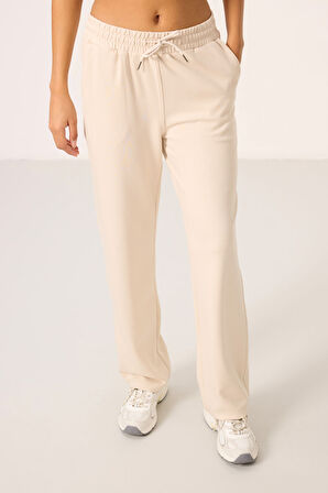 Bej Yumuşak Dokulu Kapüşonlu Oversize Kadın Eşofman Tunik Takım - 95348