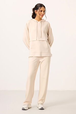 Bej Yumuşak Dokulu Kapüşonlu Oversize Kadın Eşofman Tunik Takım - 95348