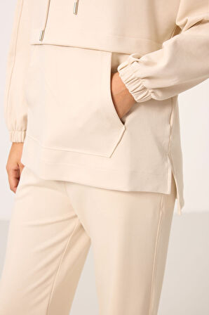 Bej Yumuşak Dokulu Kapüşonlu Oversize Kadın Eşofman Tunik Takım - 95348