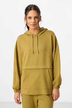 Koyu Hardal Yumuşak Dokulu Kapüşonlu Oversize Kadın Eşofman Tunik Takım - 95348