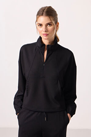 Siyah Yumuşak Dokulu Dik Yaka Gizli Fermuarlı Oversize Kadın Eşofman Takım - 95351