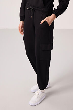 Siyah Yumuşak Dokulu Dik Yaka Gizli Fermuarlı Oversize Kadın Eşofman Takım - 95351