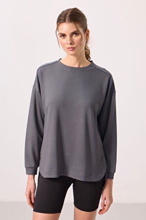 Koyu Gri Yumuşak Dokulu O Yaka Rahat Form Kadın Tunik Sweatshirt - 97305