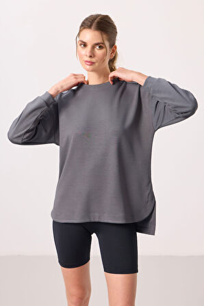 Koyu Gri Yumuşak Dokulu O Yaka Rahat Form Kadın Tunik Sweatshirt - 97305