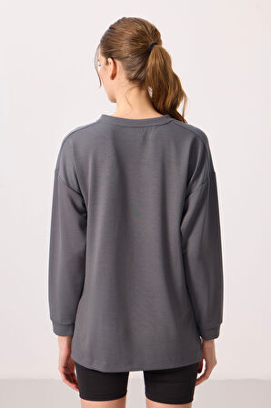 Koyu Gri Yumuşak Dokulu O Yaka Rahat Form Kadın Tunik Sweatshirt - 97305