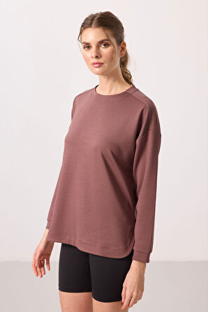 Kahverengi Yumuşak Dokulu O Yaka Rahat Form Kadın Tunik Sweatshirt - 97305
