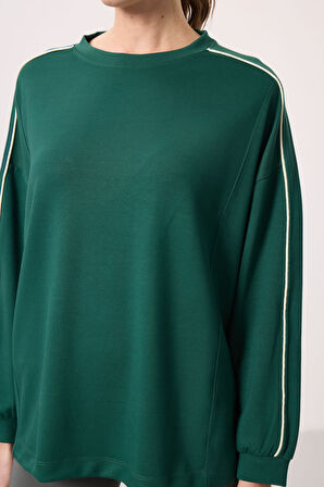 Yeşil Yumuşak Dokulu O Yaka Oversize Kadın Tunik Sweatshirt - 97303