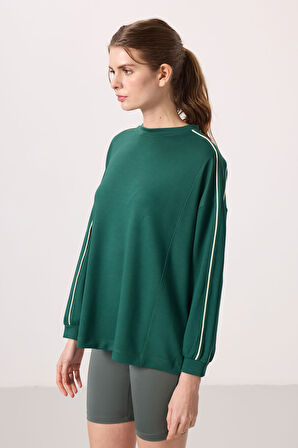 Yeşil Yumuşak Dokulu O Yaka Oversize Kadın Tunik Sweatshirt - 97303