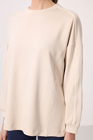 Bej Yumuşak Dokulu O Yaka Oversize Kadın Tunik Sweatshirt - 97303