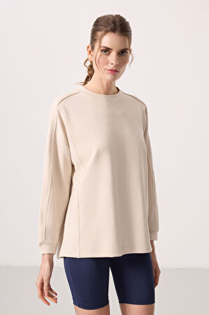 Bej Yumuşak Dokulu O Yaka Oversize Kadın Tunik Sweatshirt - 97303