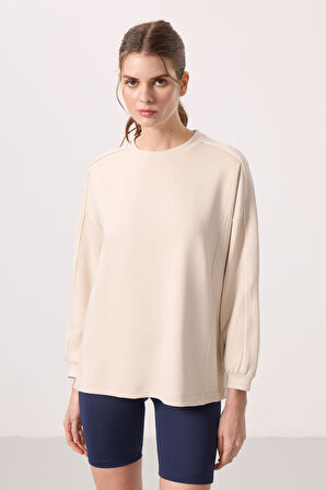 Bej Yumuşak Dokulu O Yaka Oversize Kadın Tunik Sweatshirt - 97303