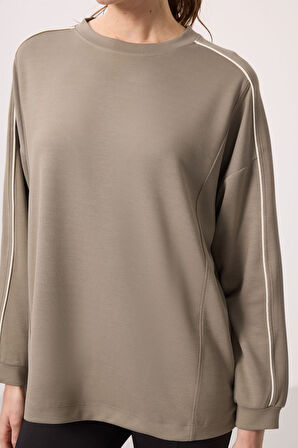 Koyu Bej Yumuşak Dokulu O Yaka Oversize Kadın Tunik Sweatshirt - 97303