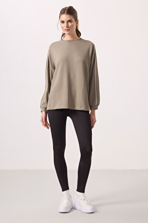 Koyu Bej Yumuşak Dokulu O Yaka Oversize Kadın Tunik Sweatshirt - 97303