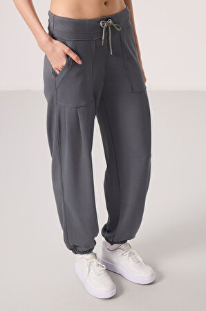 Koyu Gri Yumuşak Dokulu Cep Detaylı Rahat Form Kadın Pantolon - 94672