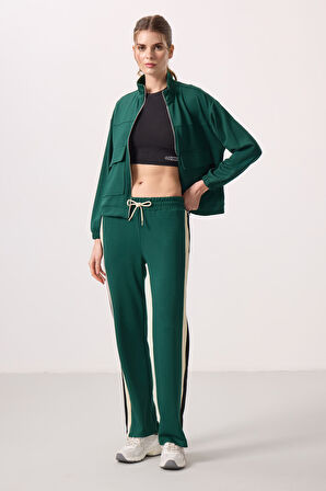 Yeşil Yumuşak Dokulu Yan Panel Detaylı Geniş Paça Kadın Palazzo Pantolon - 94671