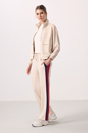 Bej Yumuşak Dokulu Yan Panel Detaylı Geniş Paça Kadın Palazzo Pantolon - 94671