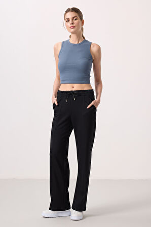 Siyah Yumuşak Dokulu Cepli Ön Dikiş Detaylı Kadın Palazzo Pantolon - 94670