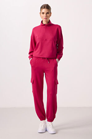 Viva Kırmızı Yumuşak Dokulu Dik Yaka Gizli Fermuarlı Oversize Kadın Eşofman Takım - 95351