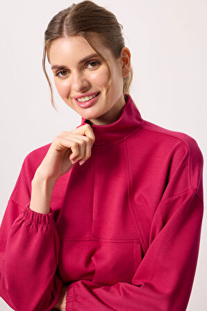 Viva Kırmızı Yumuşak Dokulu Dik Yaka Gizli Fermuarlı Oversize Kadın Eşofman Takım - 95351