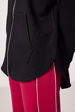 Siyah Yumuşak Dokulu Kapüşonlu Oversize Kadın Tunik Sweatshirt - 97302