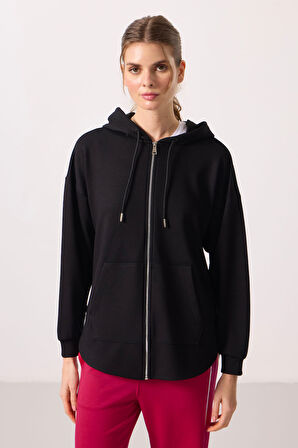 Siyah Yumuşak Dokulu Kapüşonlu Oversize Kadın Tunik Sweatshirt - 97302