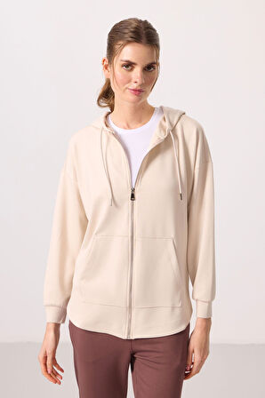 Bej Yumuşak Dokulu Kapüşonlu Oversize Kadın Tunik Sweatshirt - 97302