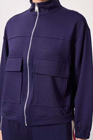 Koyu Mor Yumuşak Dokulu Dik Yaka Oversize Kargo Cepli Kadın Crop Top Sweatshirt - 97301