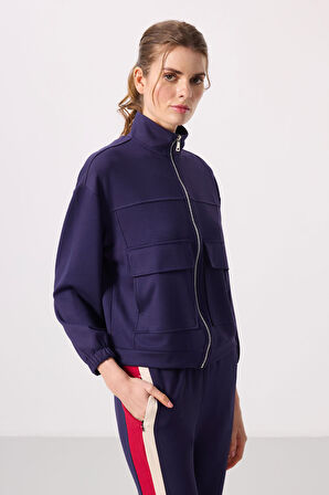 Koyu Mor Yumuşak Dokulu Dik Yaka Oversize Kargo Cepli Kadın Crop Top Sweatshirt - 97301