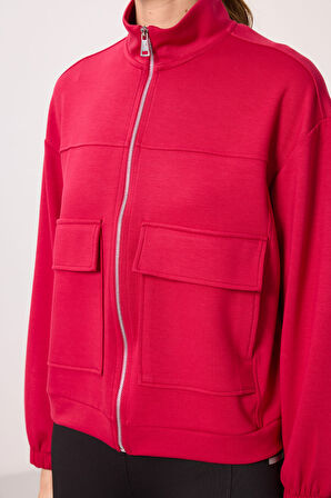 Viva Kırmızı Yumuşak Dokulu Dik Yaka Oversize Kargo Cepli Kadın Crop Top Sweatshirt - 97301