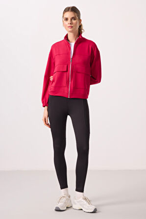 Viva Kırmızı Yumuşak Dokulu Dik Yaka Oversize Kargo Cepli Kadın Crop Top Sweatshirt - 97301