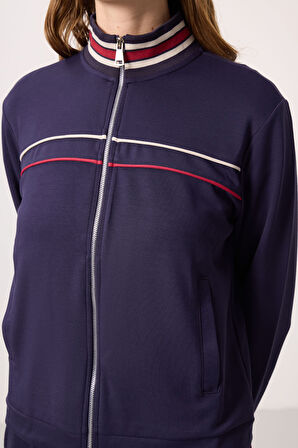 Koyu Mor Yumuşak Dokulu Triko Dik Yaka Oversize Kadın Eşofman Takım - 95350