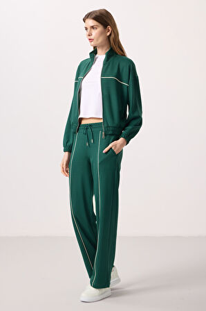 Yeşil Yumuşak Dokulu Dik Yaka Oversize Lastikli Kadın Eşofman Takım - 95349