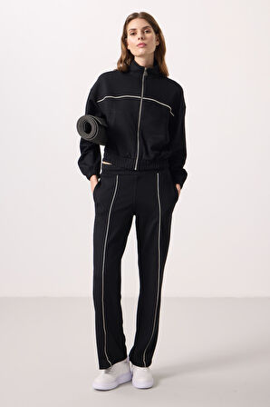 Siyah Yumuşak Dokulu Dik Yaka Oversize Lastikli Kadın Eşofman Takım - 95349