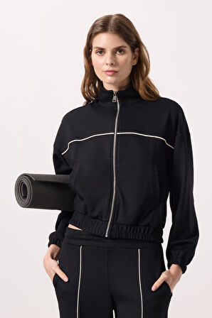 Siyah Yumuşak Dokulu Dik Yaka Oversize Lastikli Kadın Eşofman Takım - 95349