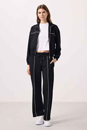 Siyah Yumuşak Dokulu Dik Yaka Oversize Lastikli Kadın Eşofman Takım - 95349