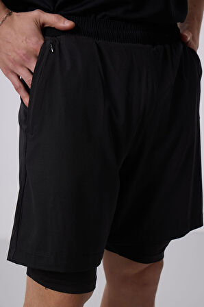 Siyah Polyester İnce Yumuşak Standart Fit Erkek Taytlı Şort - 81287