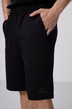 Siyah-Bej Yüzeyi Dokulu Oversize Erkek Şort - 81288