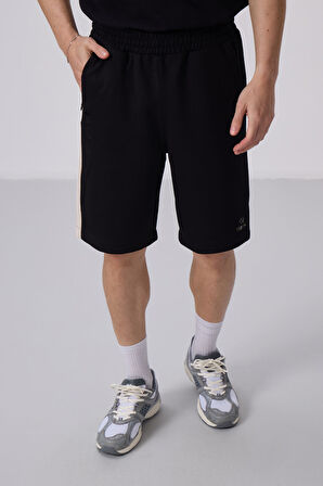 Siyah-Bej Yüzeyi Dokulu Oversize Erkek Şort - 81288