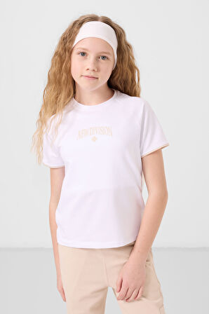 Beyaz-Bej O Yaka Baskılı Lastik Paça Kargo Cepli Kız Çocuk Eşofman Takım - 75173