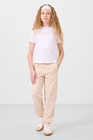 Beyaz-Bej O Yaka Baskılı Lastik Paça Kargo Cepli Kız Çocuk Eşofman Takım - 75173