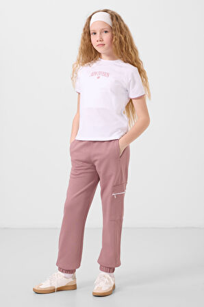 Beyaz-Gül Kurusu O Yaka Baskılı Lastik Paça Kargo Cepli Kız Çocuk Eşofman Takım - 75173