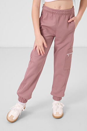 Beyaz-Gül Kurusu O Yaka Baskılı Lastik Paça Kargo Cepli Kız Çocuk Eşofman Takım - 75173