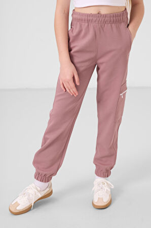 Beyaz-Gül Kurusu O Yaka Baskılı Lastik Paça Kargo Cepli Kız Çocuk Eşofman Takım - 75173