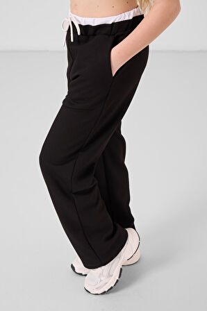 Beyaz-Siyah O Yaka Baskılı Geniş Paça Standart Fit Kız Çocuk Palazzo Eşofman Takım - 75171