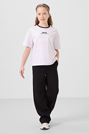 Beyaz-Siyah O Yaka Baskılı Geniş Paça Standart Fit Kız Çocuk Palazzo Eşofman Takım - 75171